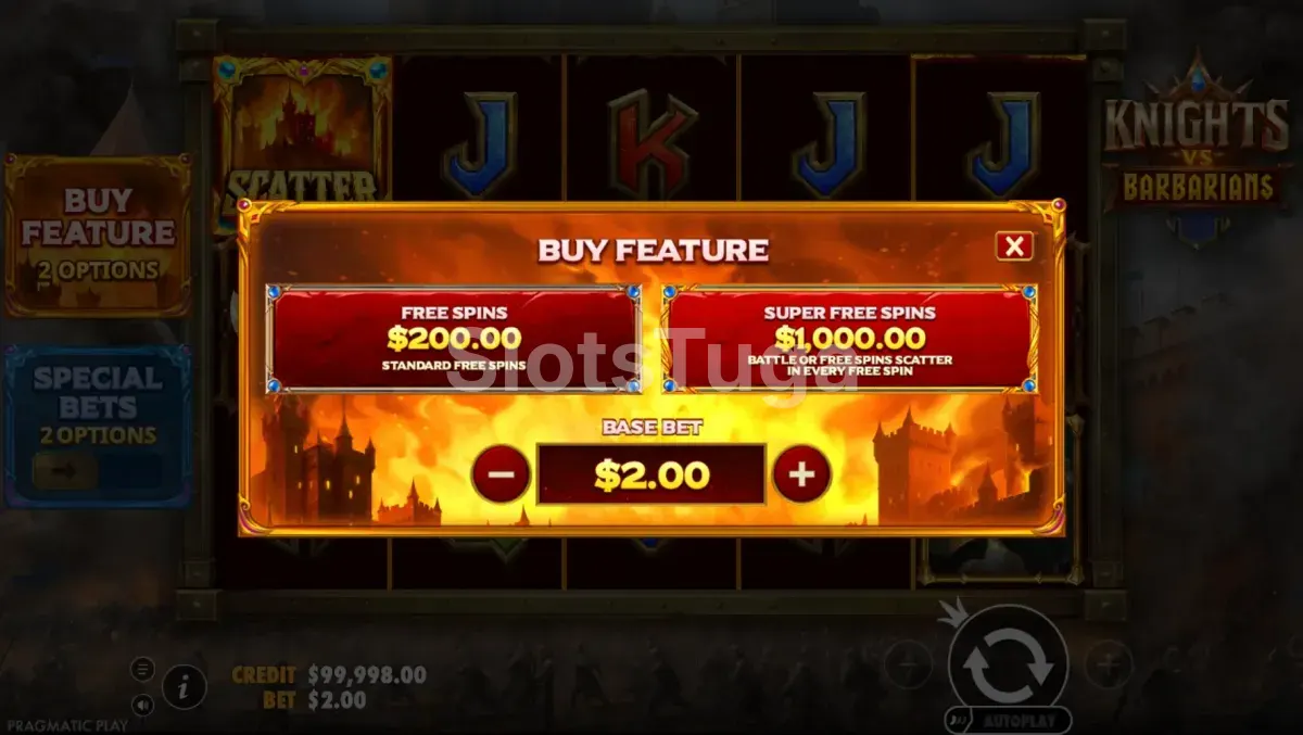 Menu de Bonus Buy da slot Knights vs Barbarians com opções de compra