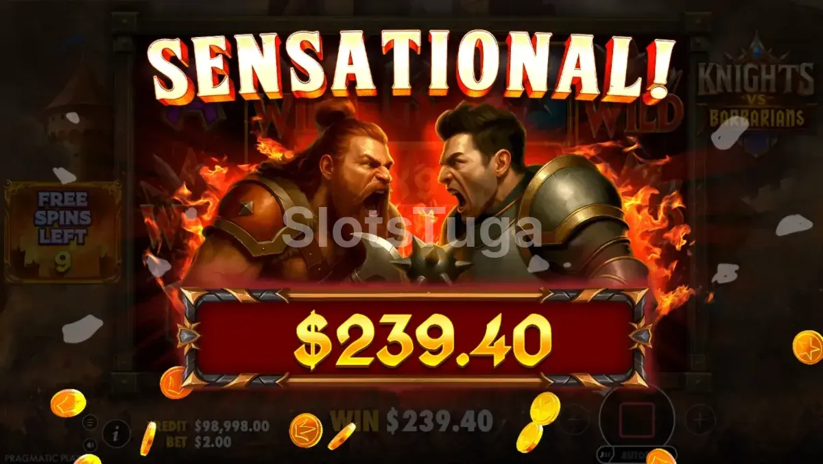 Grande vitória registrada na slot Knights vs Barbarians com símbolos Wild em destaque