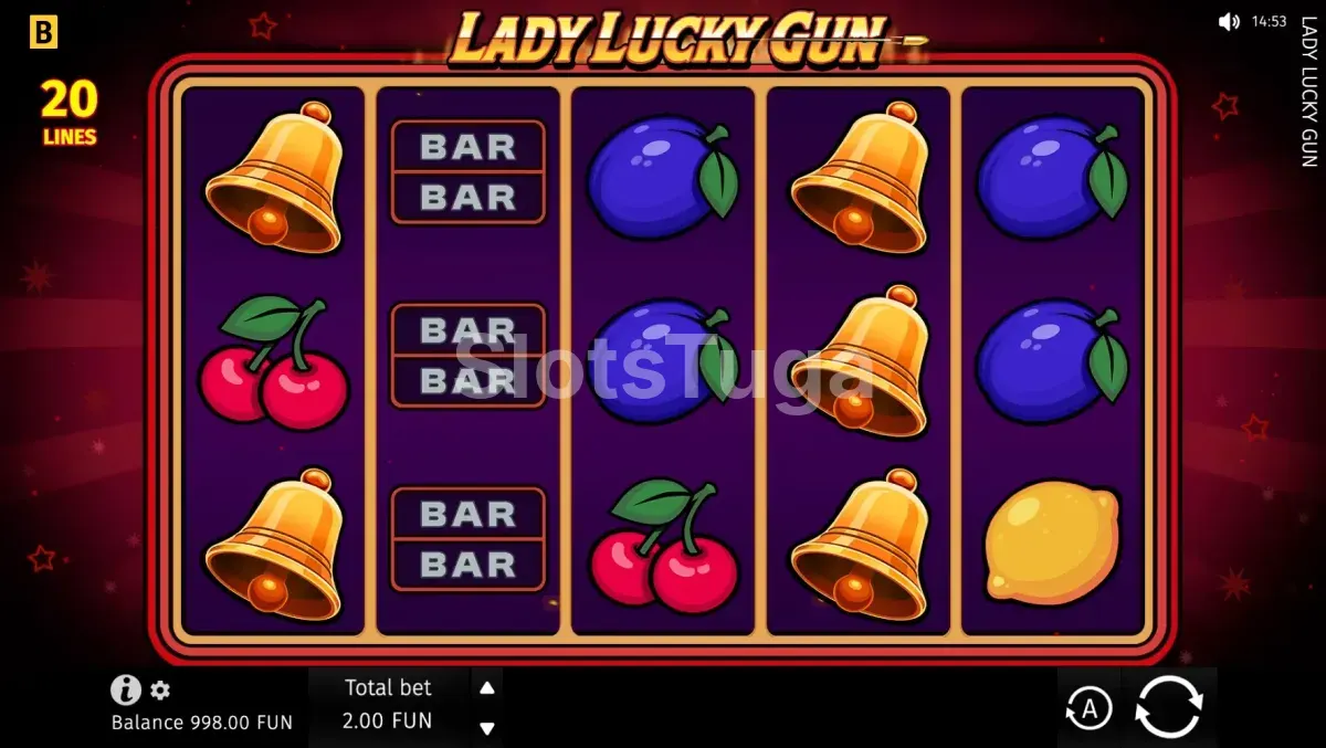 Tela principal da slot Lady Lucky Gun com os rouleaux em destaque