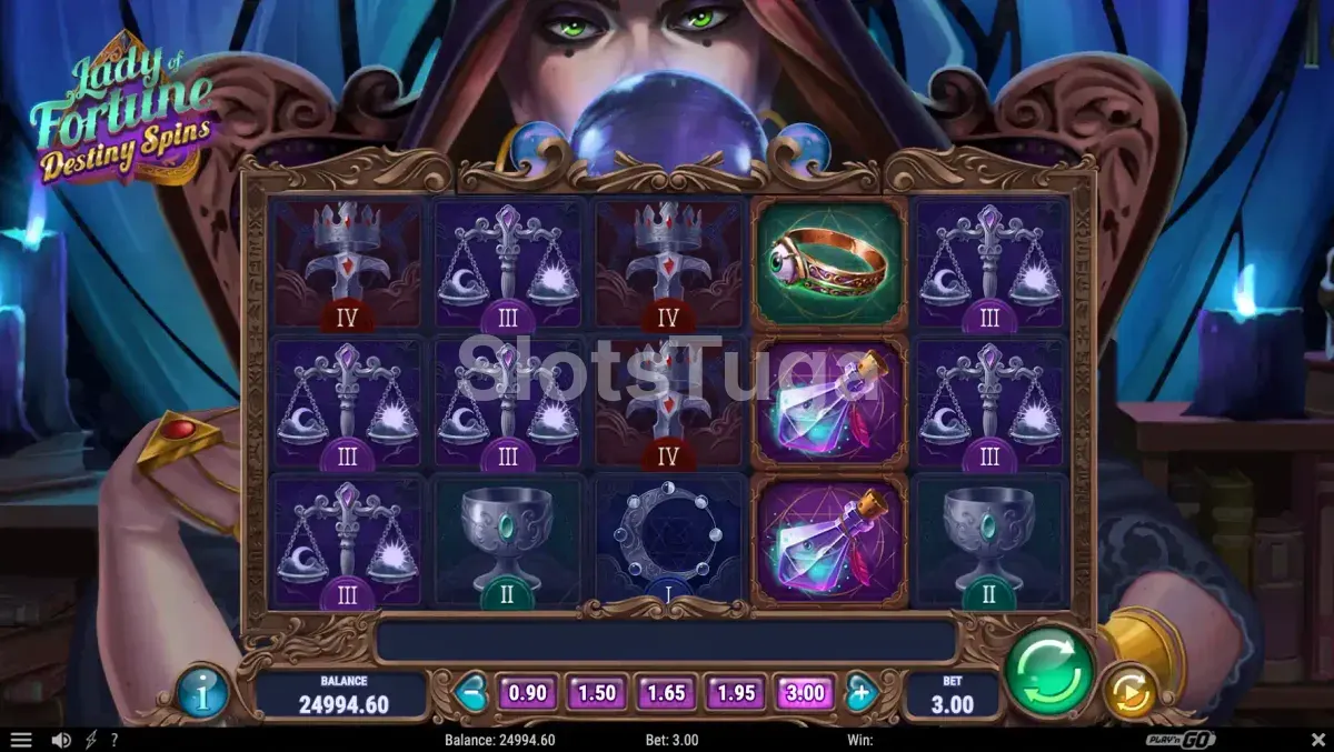 Tela principal da slot Lady of Fortune Destiny Spins com seus símbolos místicos
