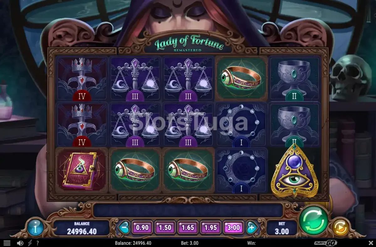 Tela principal do jogo Lady of Fortune Remastered com os rouleaux egípcios em ação