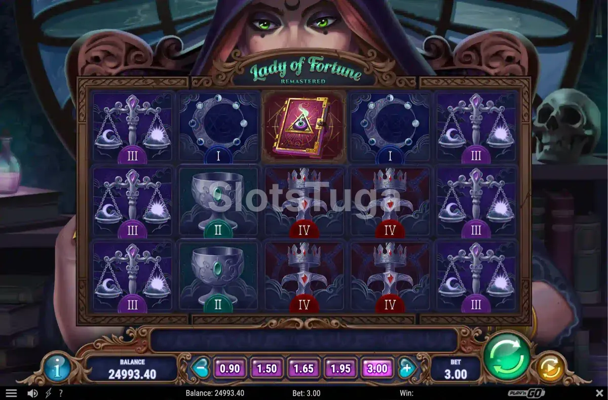 Segunda visão do gameplay da Lady of Fortune Remastered com Wild expandido nos rouleaux