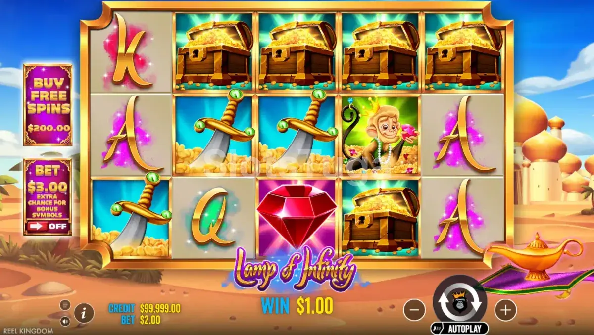 Tela principal do slot Lamp Of Infinity com o painel de rolos temático árabe