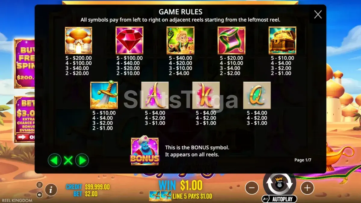 Tabela de pagamentos do slot Lamp Of Infinity com todos os símbolos