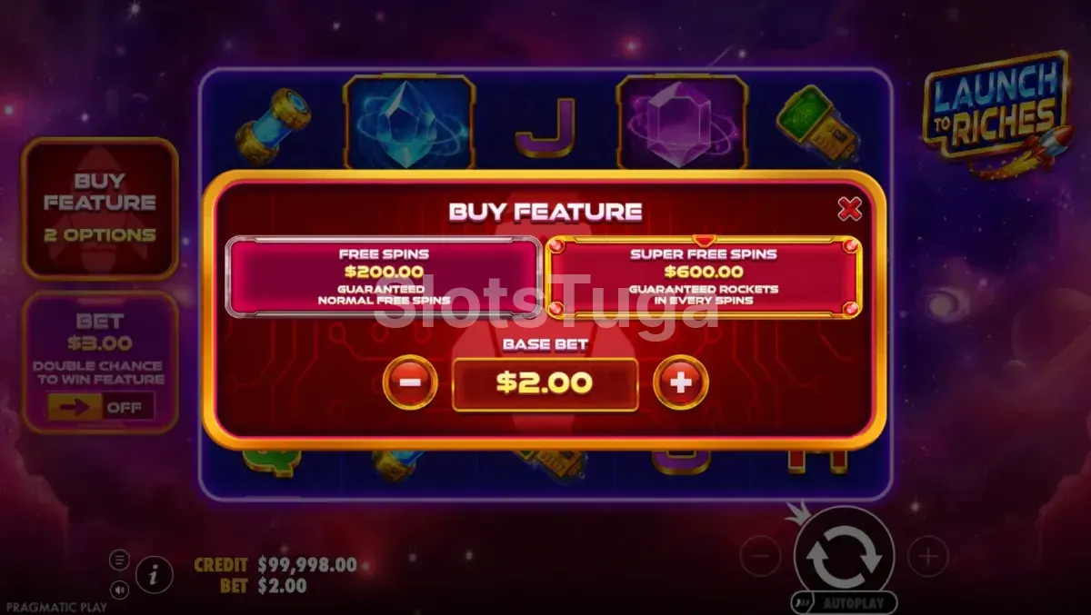 Interface de compra de bônus da slot Launch to Riches da Pragmatic Play