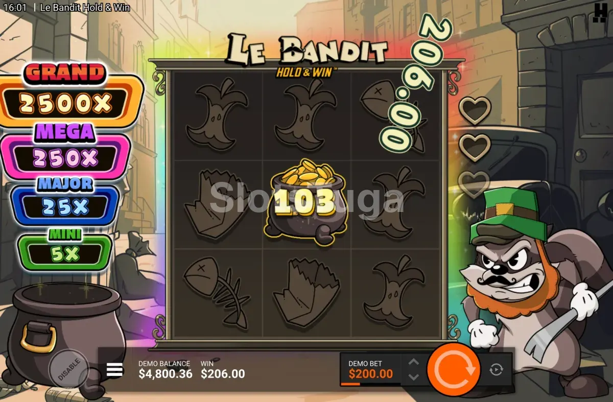 Ecrã de resultado com pagamento elevado em Le Bandit Hold & Win