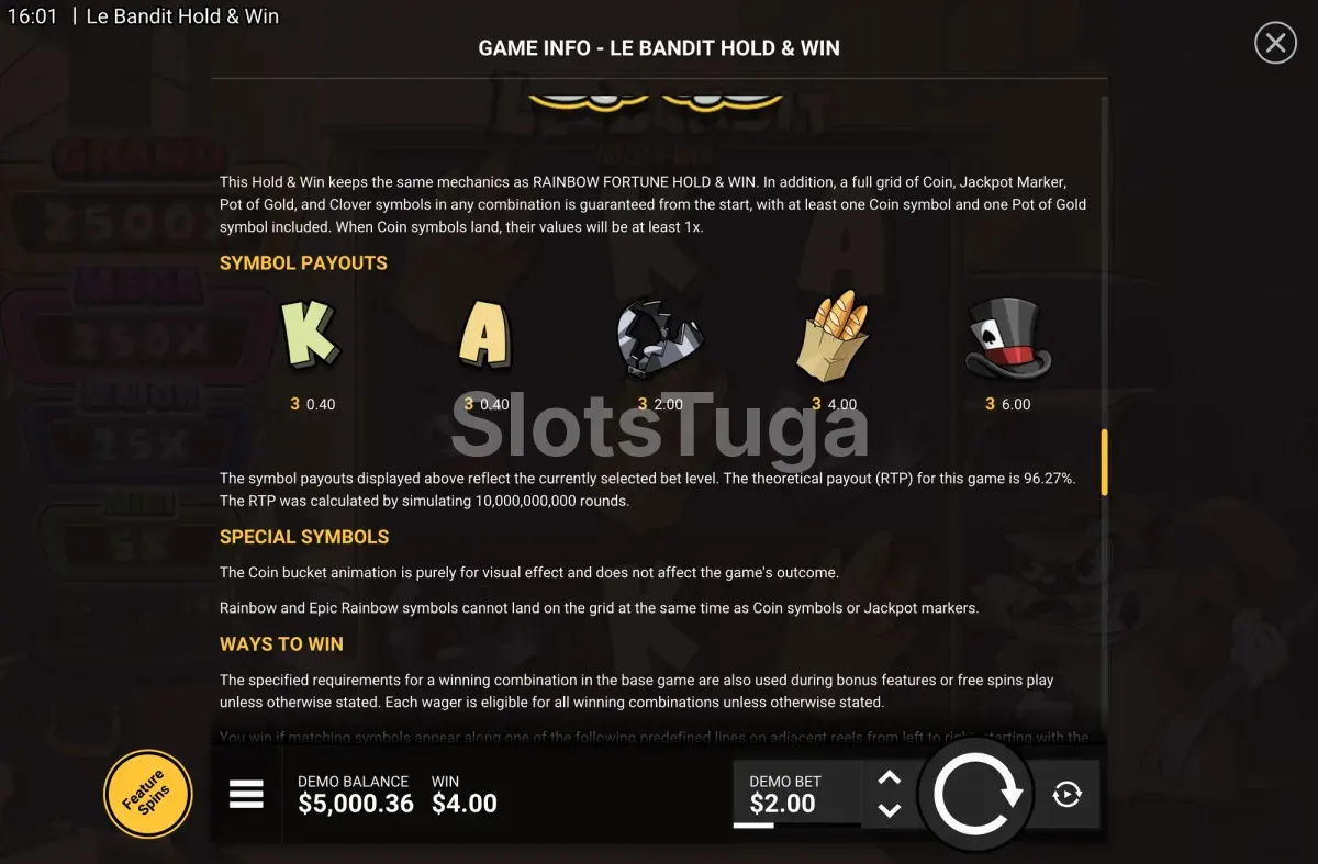 Tabela de pagamentos de Le Bandit Hold & Win com valores das Moedas e Jackpots