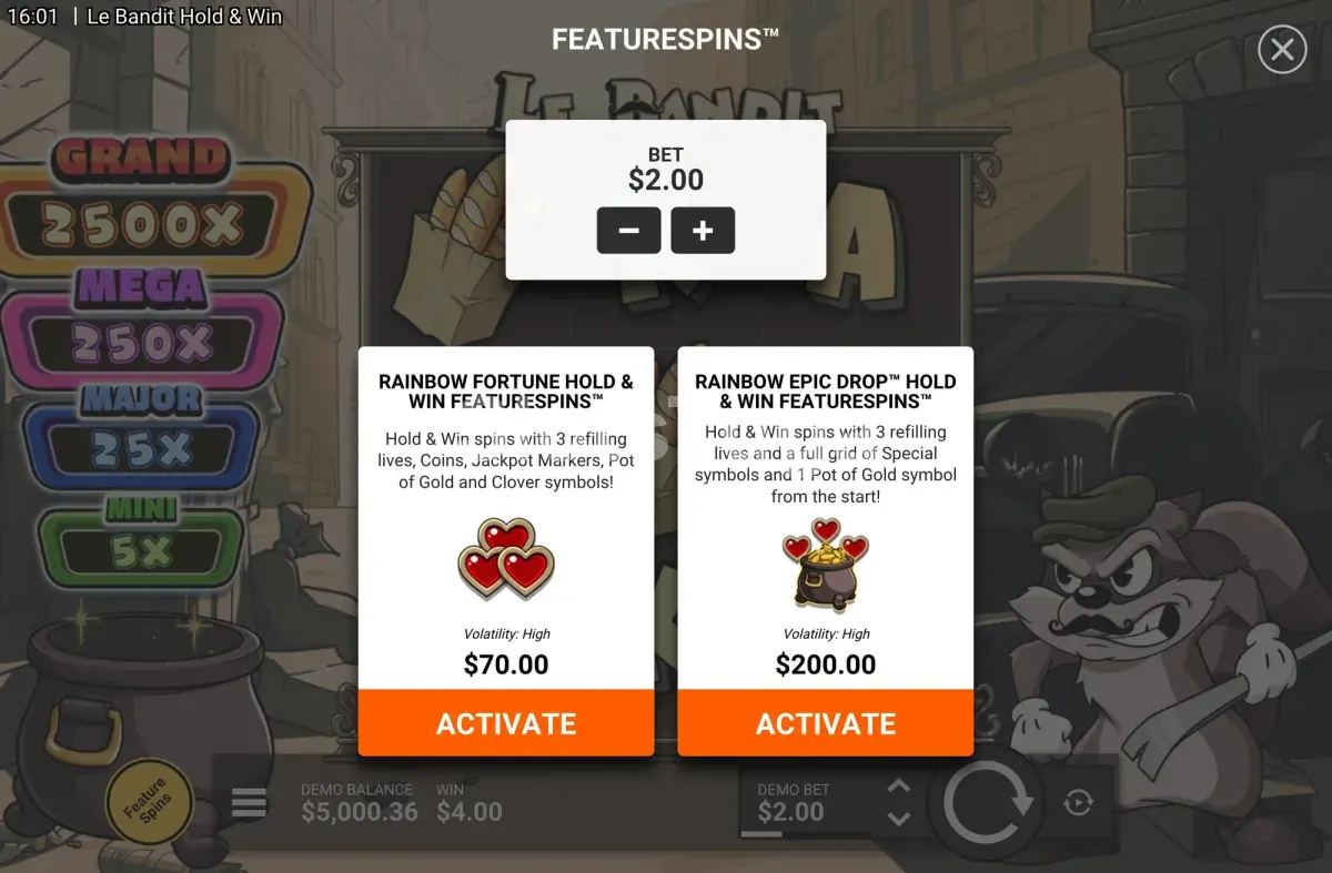 Menu de Bonus Buy em Le Bandit Hold & Win