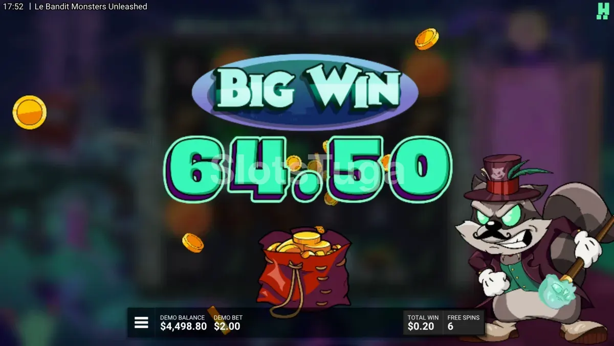 Ganho grande apresentado no ecrã de Le Bandit Monsters Unleashed