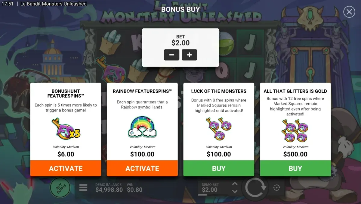 Menu de Bonus Buy de Le Bandit Monsters Unleashed