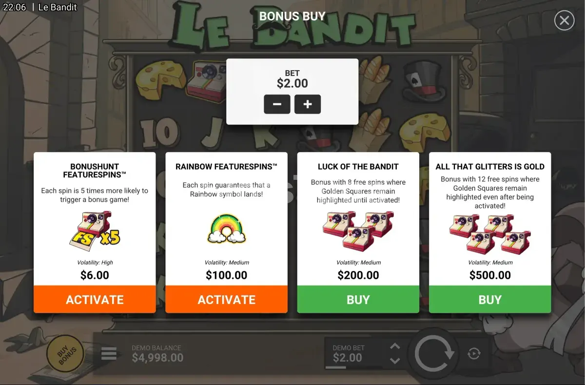 O menu de compra de Le Bandit numa aposta de 2 €: dois modos de caça a 6 € e quatro opções de compra que vão dos 100 € aos 500 €.