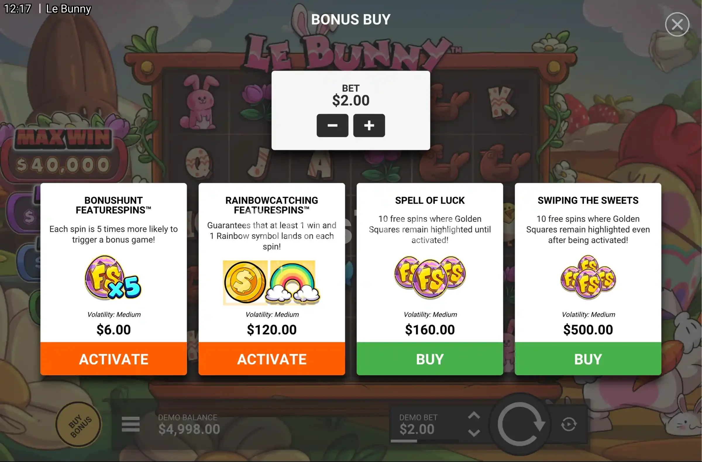 Tela de compra de bônus em Le Bunny da Hacksaw Gaming