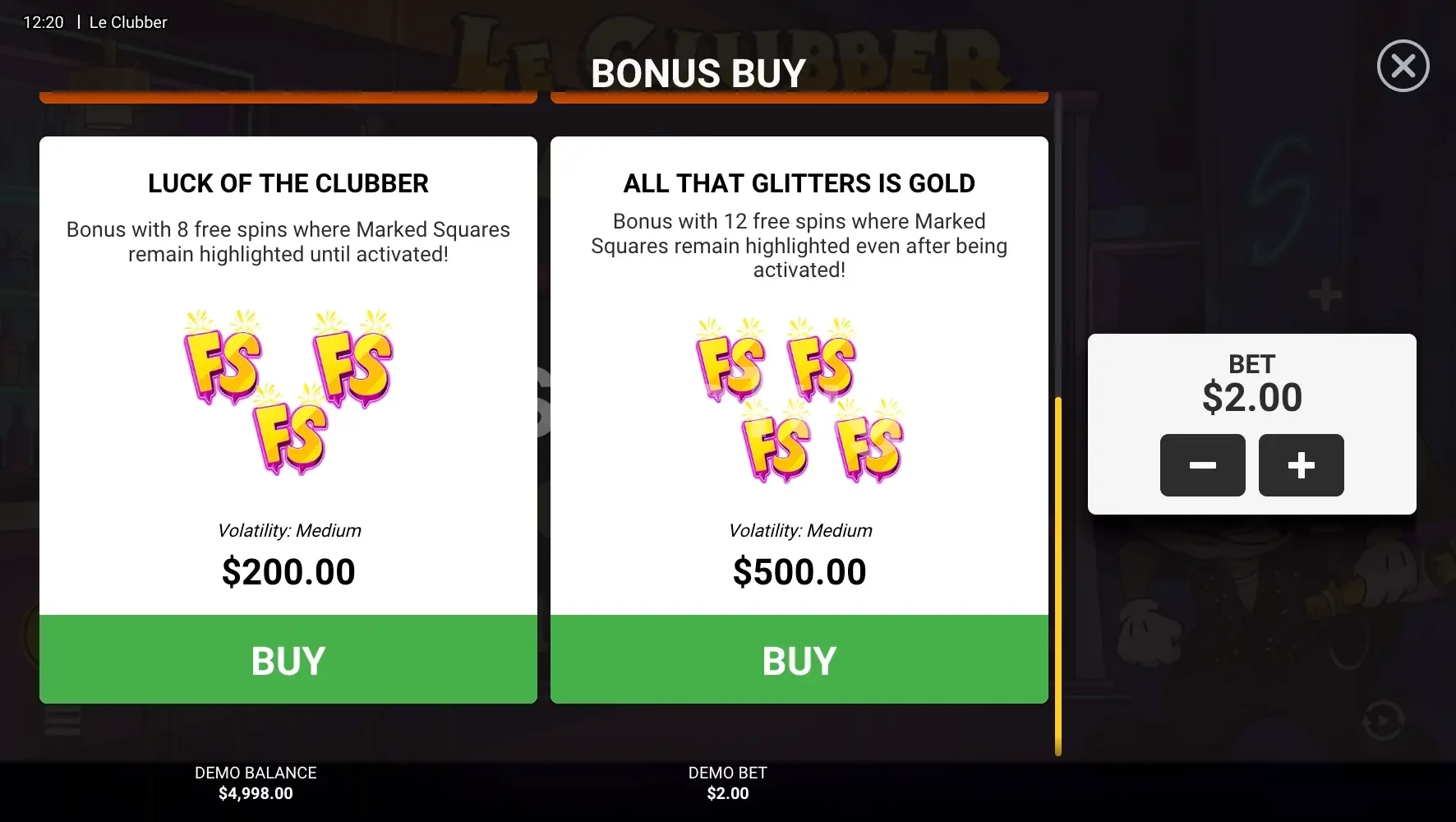 Menu de compra de bónus de Le Clubber com as quatro opções