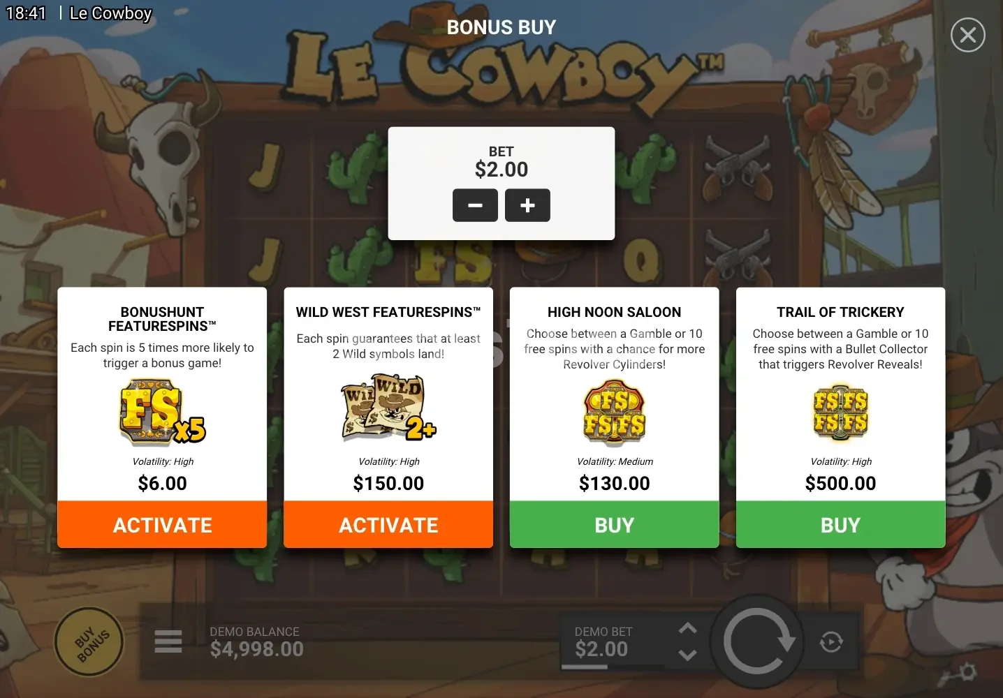 Tela de compra de bônus do Le Cowboy com opções disponíveis
