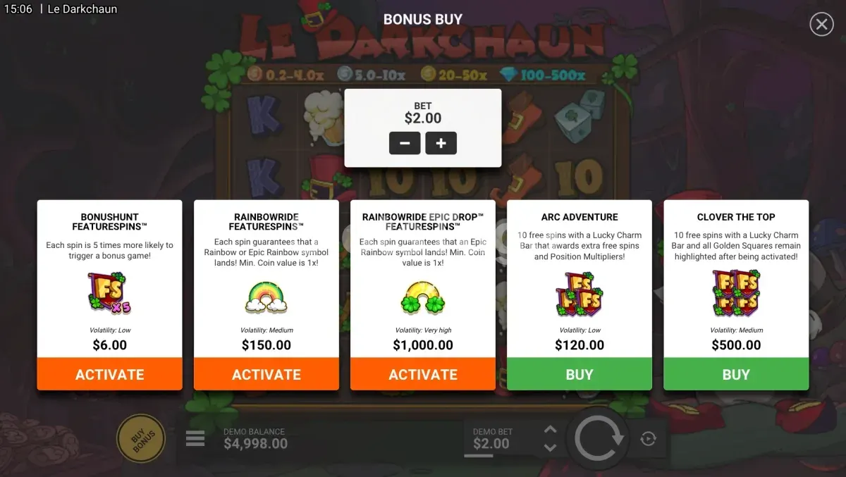 Menu de Bonus Buy de Le Darkchaun com as opções de compra