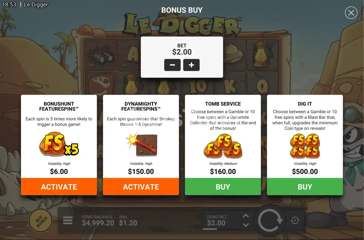 Tela de Bonus Buy do Le Digger com as opções disponíveis