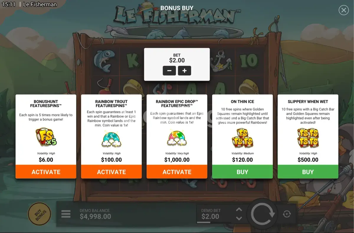 Tela de compra de bônus no Le Fisherman Hacksaw Gaming