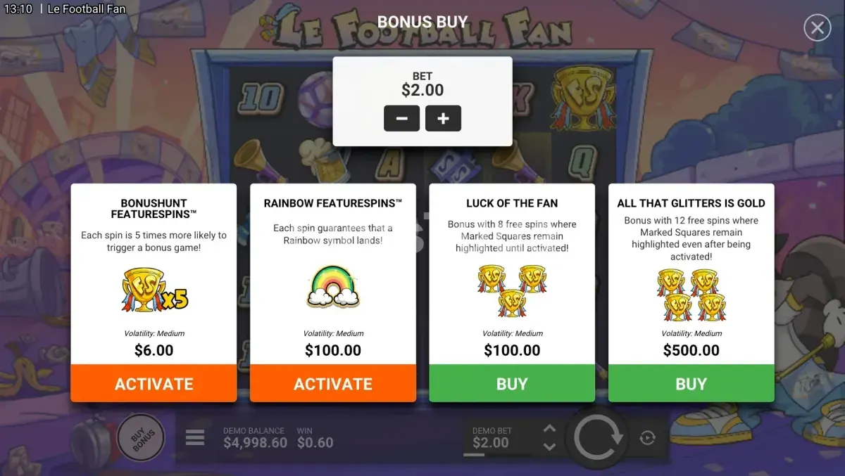Tela de compra de bônus do Le Football Fan com as opções disponíveis