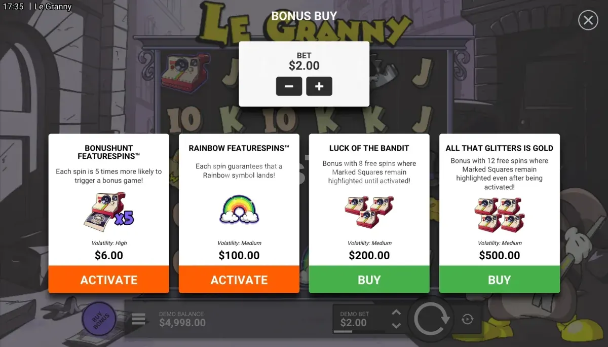 Ecrã de Bonus Buy de Le Granny com as opções de compra
