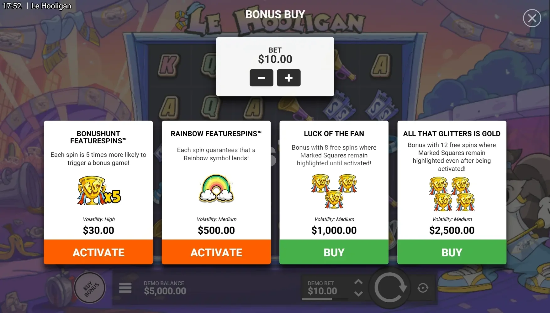 Tela de Bonus Buy do Le Hooligan com opções de compra de bônus