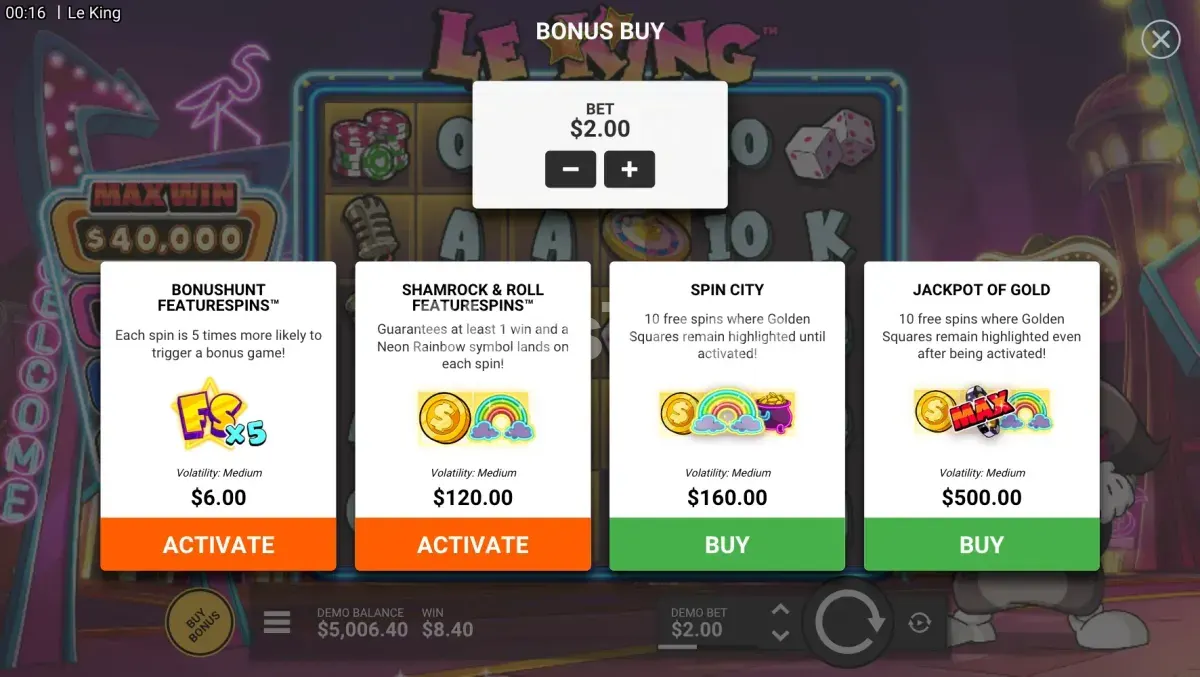 Menu de compra de bônus da slot Le King da Hacksaw Gaming