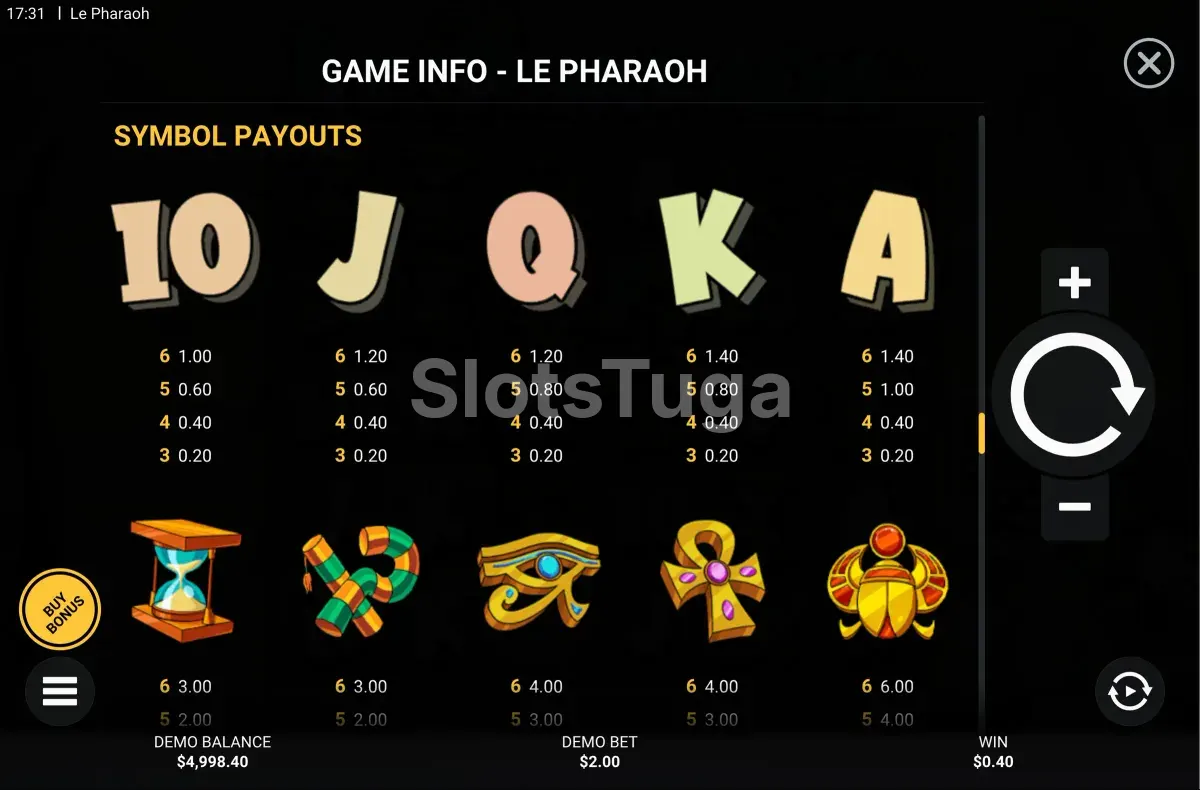 Tabela de pagamentos da slot Le Pharaoh mostrando os símbolos e valores