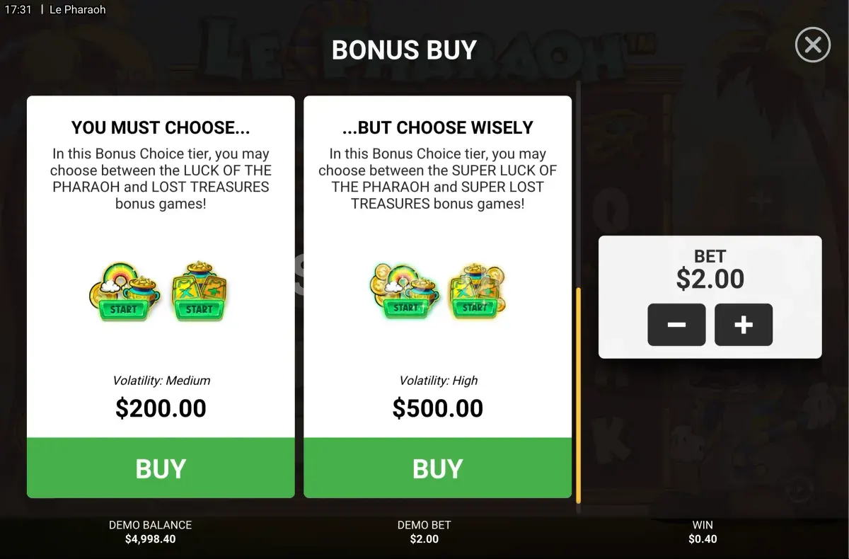 Tela de compra de bônus da slot Le Pharaoh com as opções disponíveis