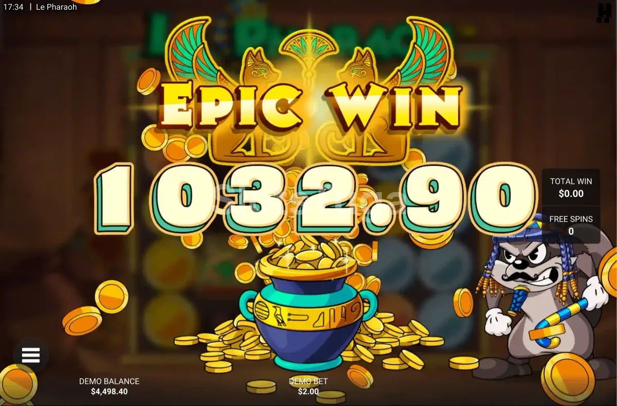 Tela de grande vitória na slot Le Pharaoh com animação de celebração