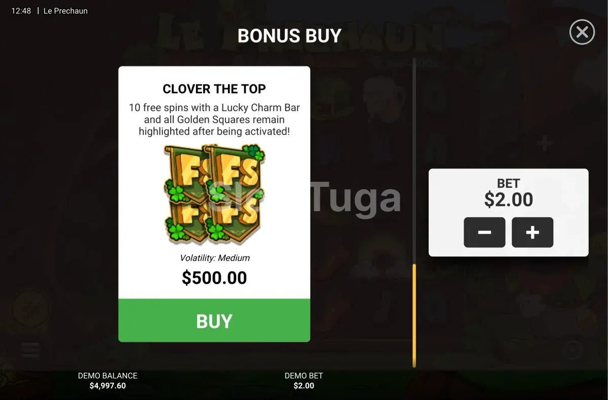 Tela de compra de bônus do Le Prechaun com cinco opções disponíveis