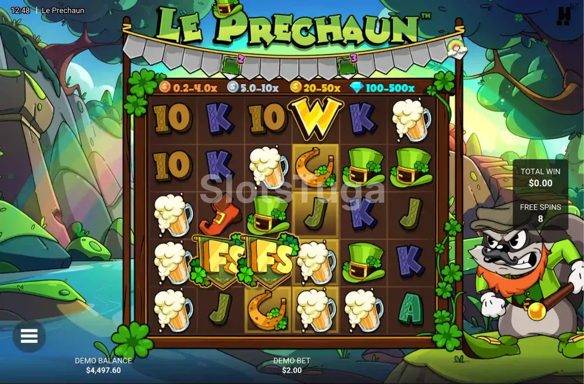 Free spins do Le Prechaun com Lucky Charm Bar e Golden Squares ativos