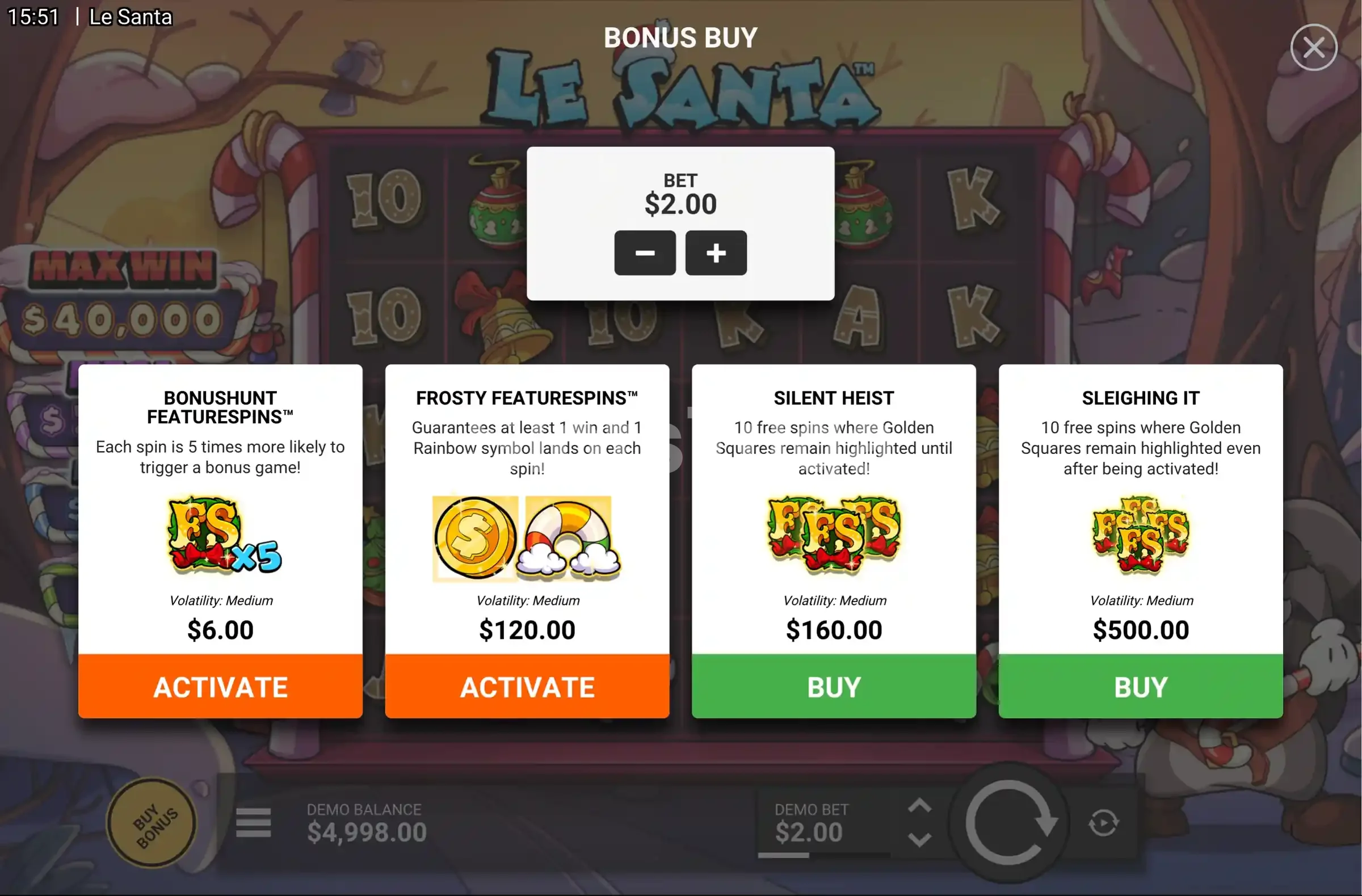 Tela de compra de bônus do Le Santa com as opções disponíveis
