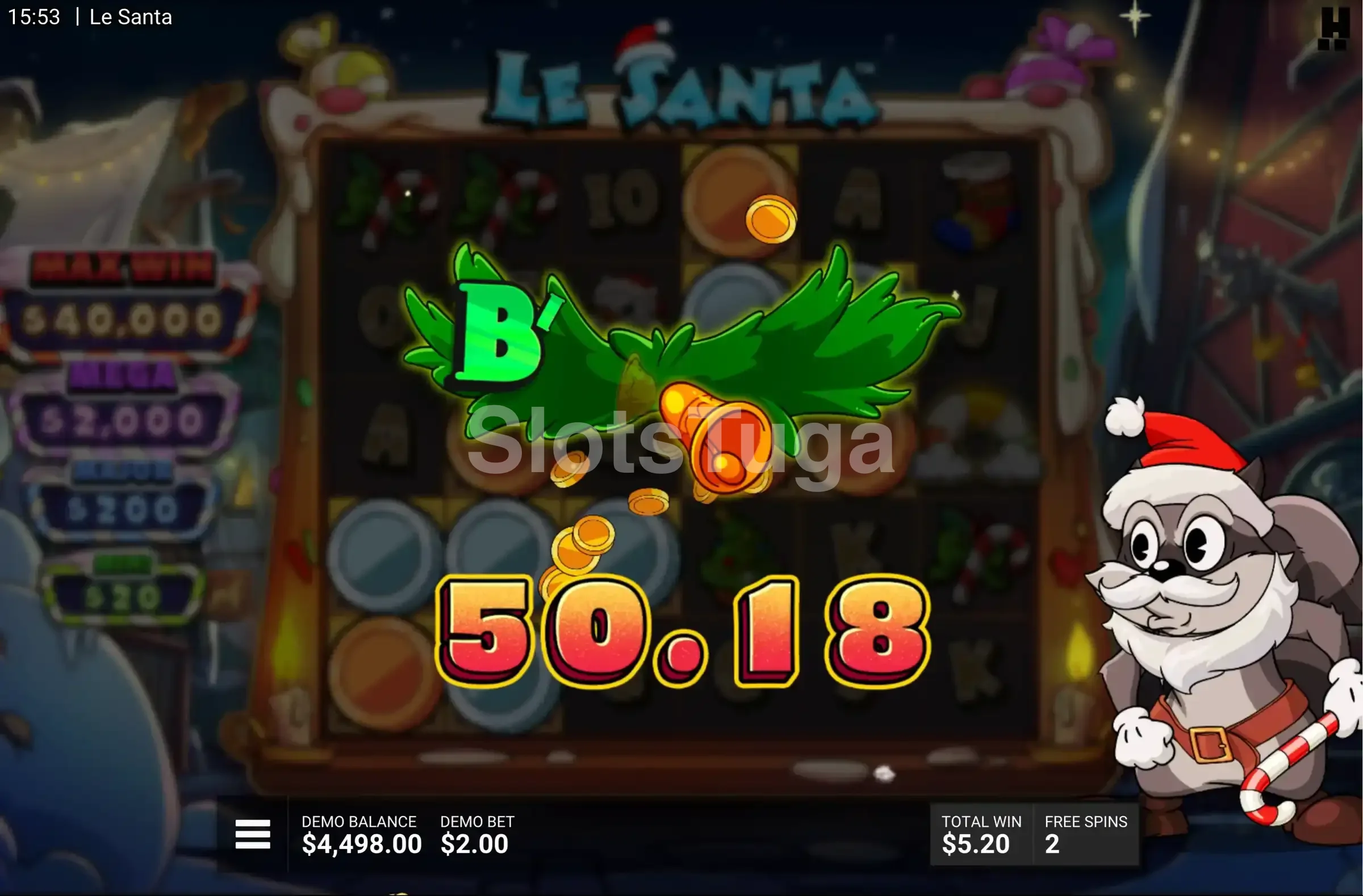 Tela de grande vitória no Le Santa com multiplicador alto