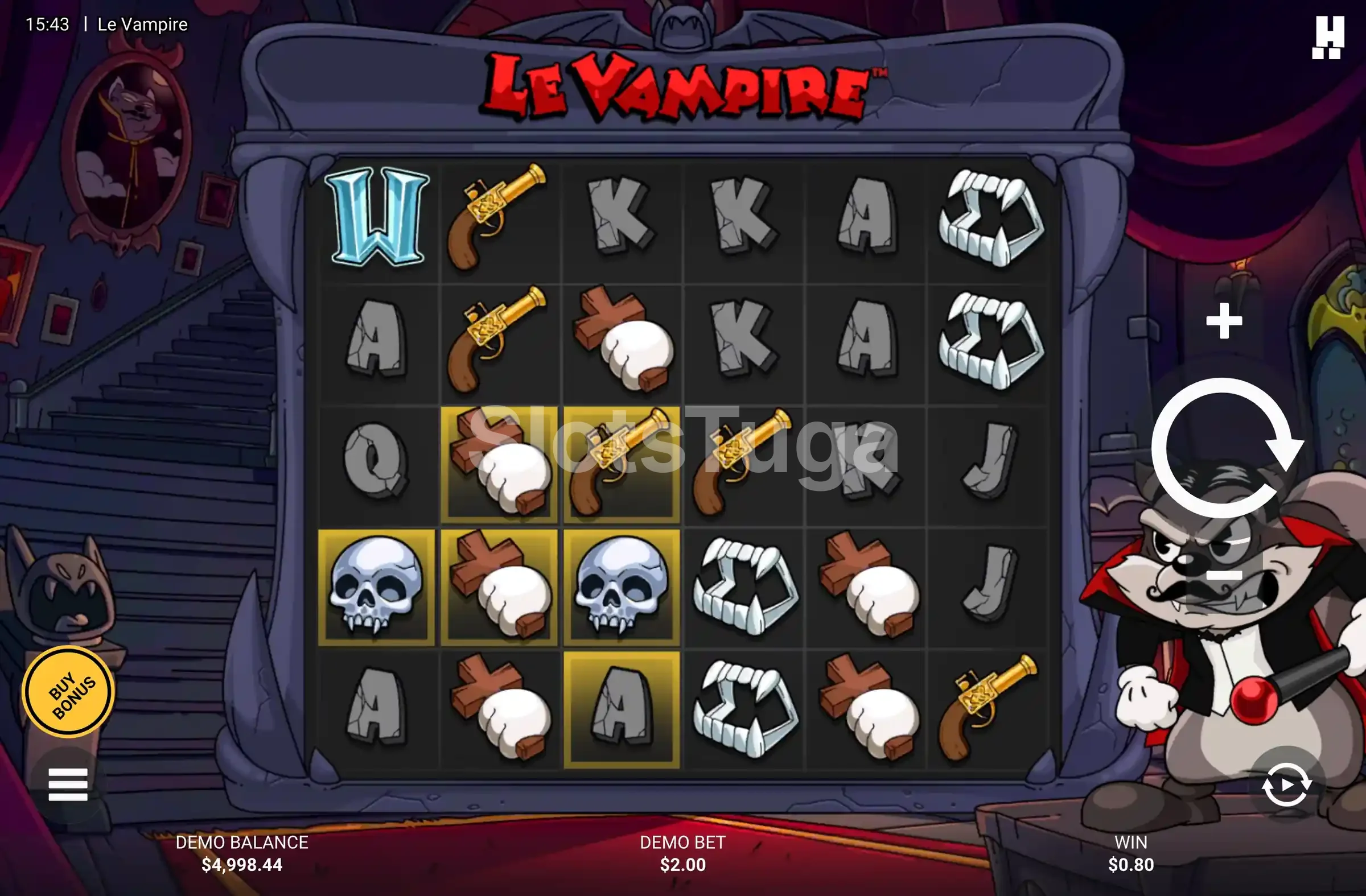 Le Vampire em jogo base: seis rolos com dentaduras de vampiro, caveiras, pistolas e cruzes, um vampiro de bigode e capa à direita e o botão Buy Bonus à esquerda.