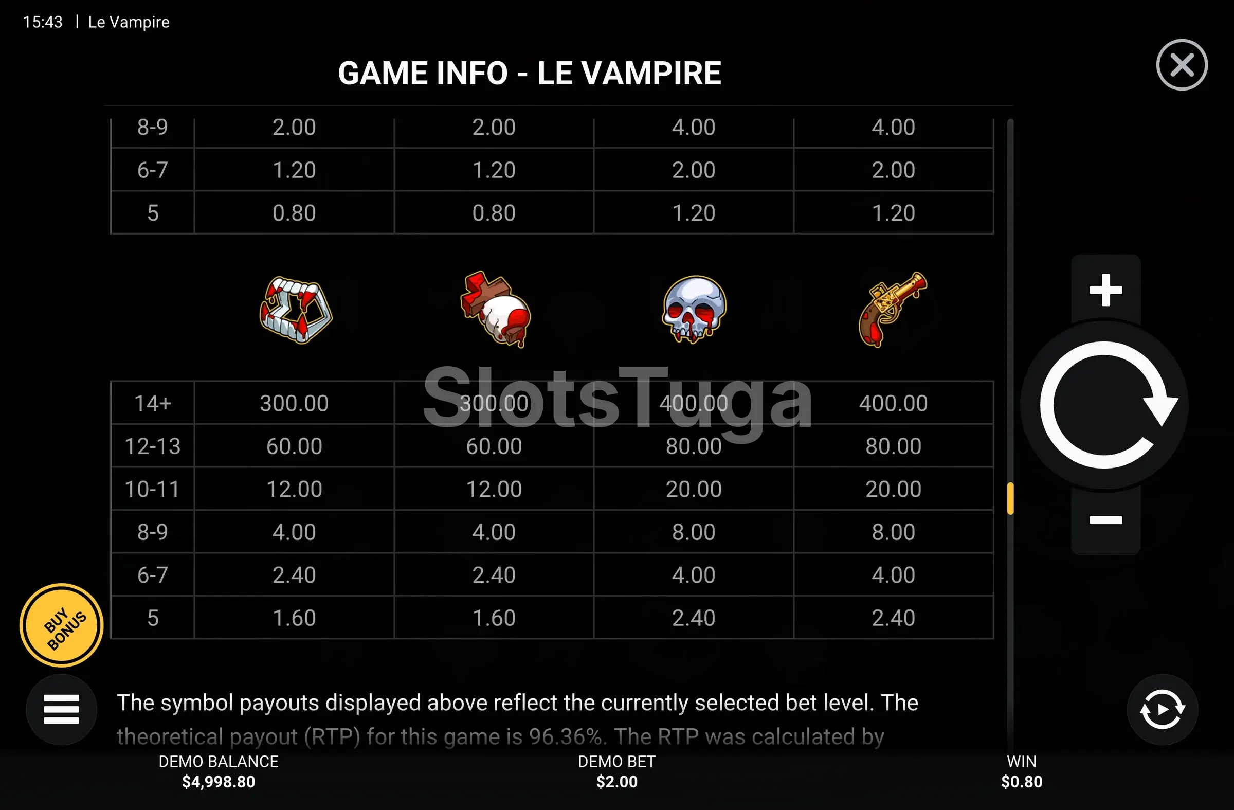 Tabela de pagamentos de Le Vampire com os valores dos símbolos