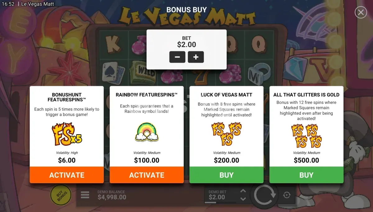Ecrã de compra do bónus no Le Vegas Matt