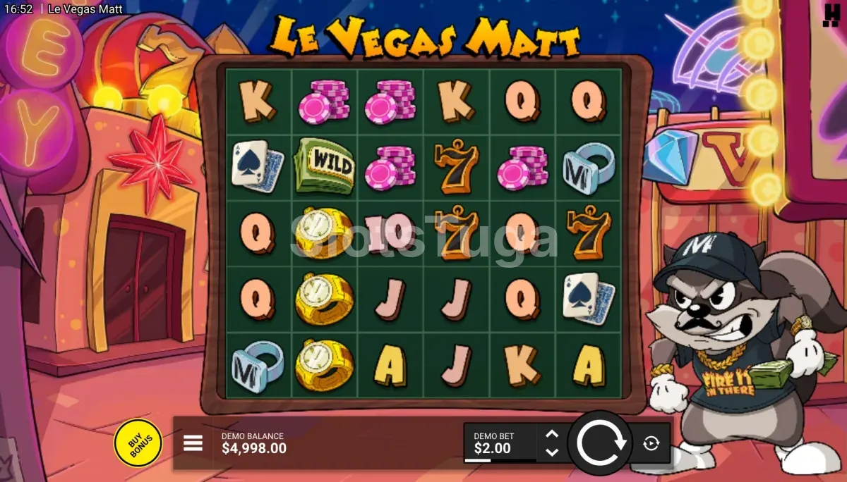 Ecrã do jogo base do Le Vegas Matt com os 6 rolos visíveis