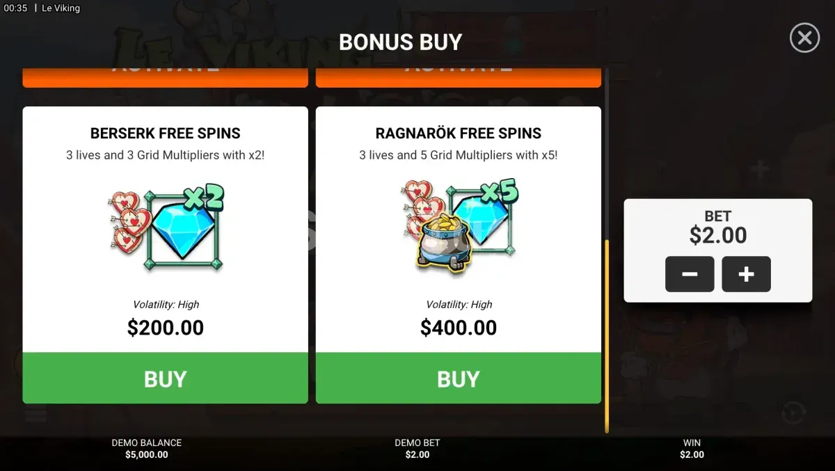 Menu de compra de bônus da slot Le Viking com quatro opções disponíveis