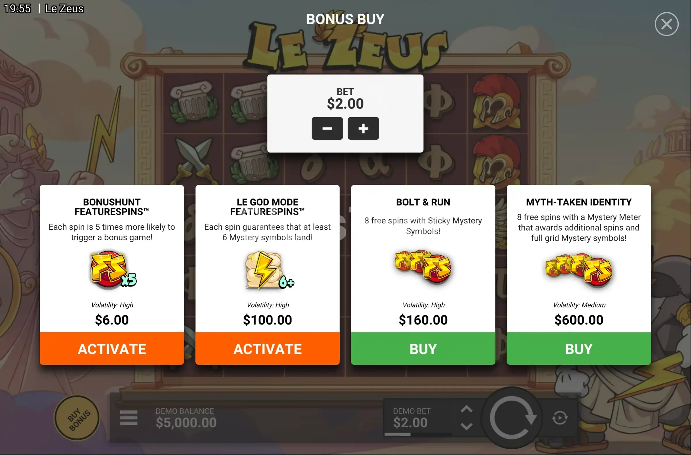 Menu de compra de bônus do Le Zeus mostrando as opções disponíveis