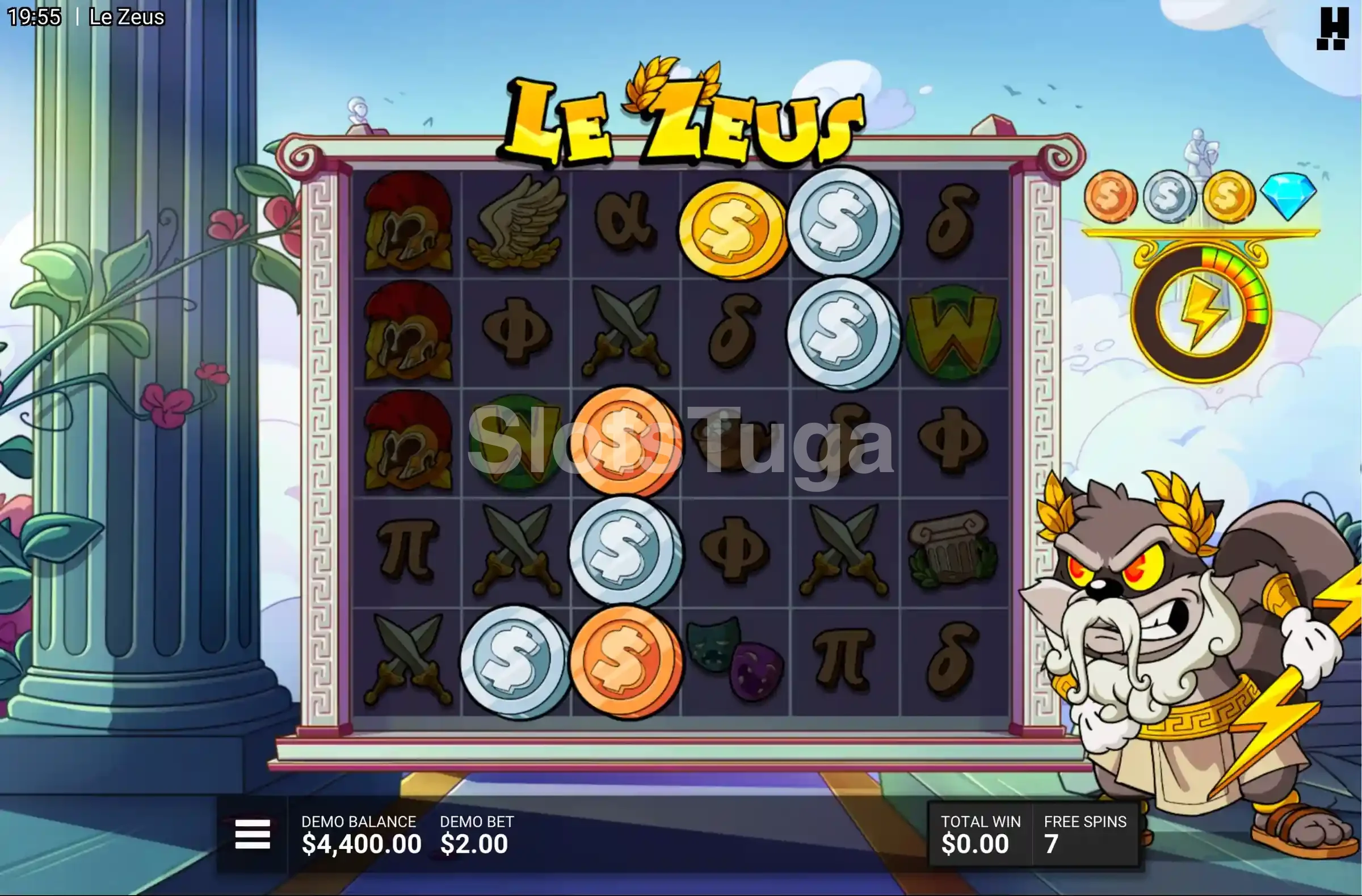 Tela de free spins do Le Zeus com multiplicadores ativos