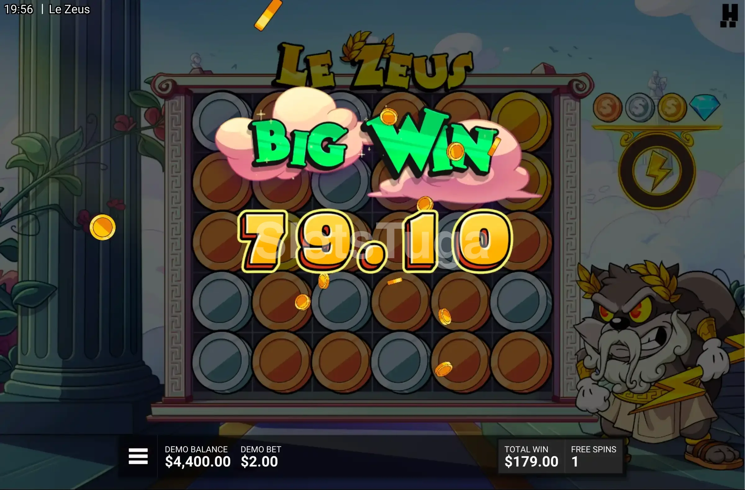 Tela de grande vitória no Le Zeus com multiplicador aplicado