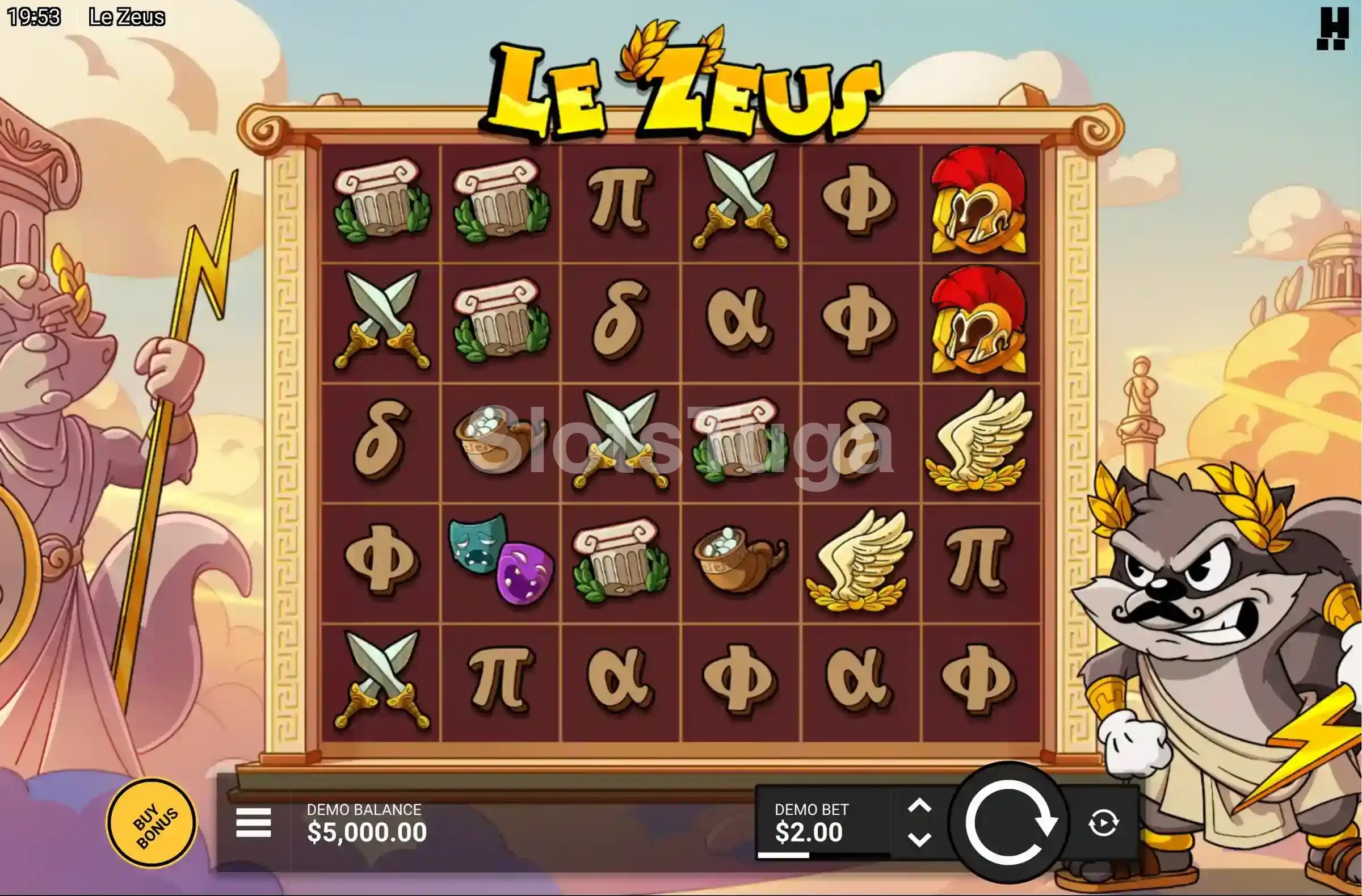 Le Zeus: grelha de seis rolos com letras gregas, colunas, espadas cruzadas e capacetes espartanos, e o guaxinim da série Le vestido de Zeus, com coroa de louros e raio, à direita.