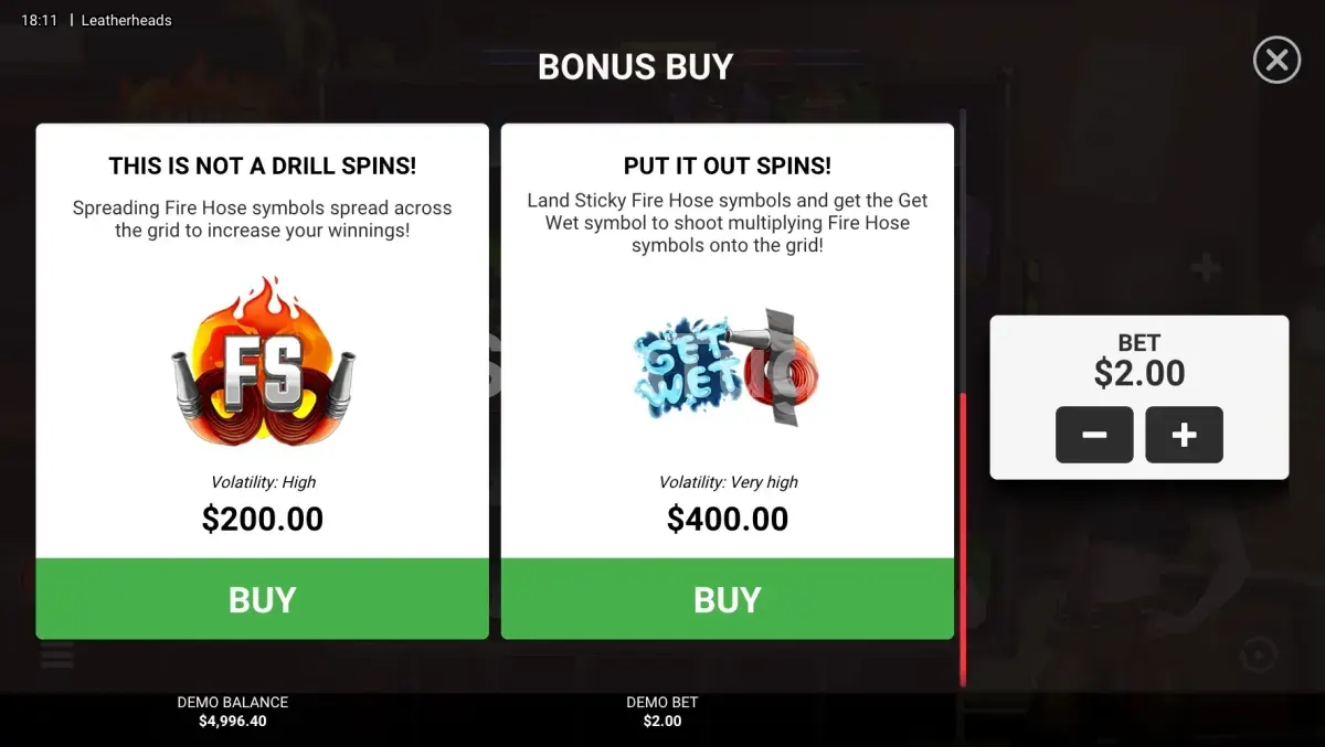 Menu de compra de bônus da Leatherheads Hacksaw Gaming