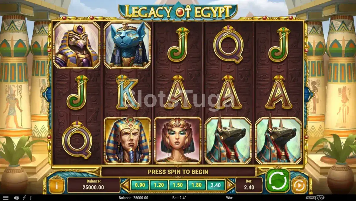 Tela principal do jogo Legacy of Egypt com os rolos e símbolos egípcios