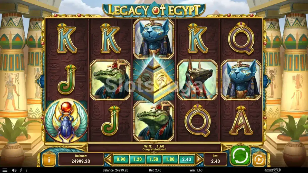 Segunda visão do jogo base da Legacy of Egypt com combinações ativas nos rolos