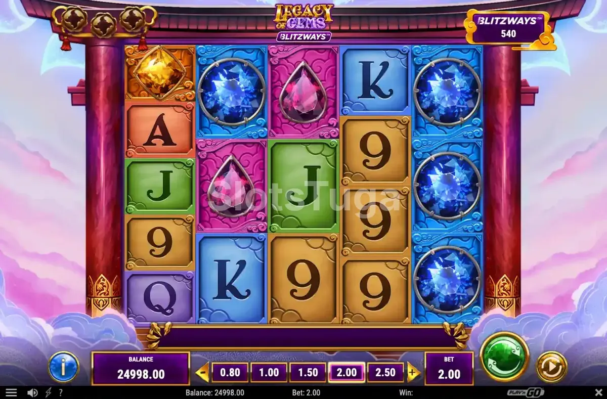 Tela principal do jogo Legacy of Gems Blitzways com os rouleaux em destaque