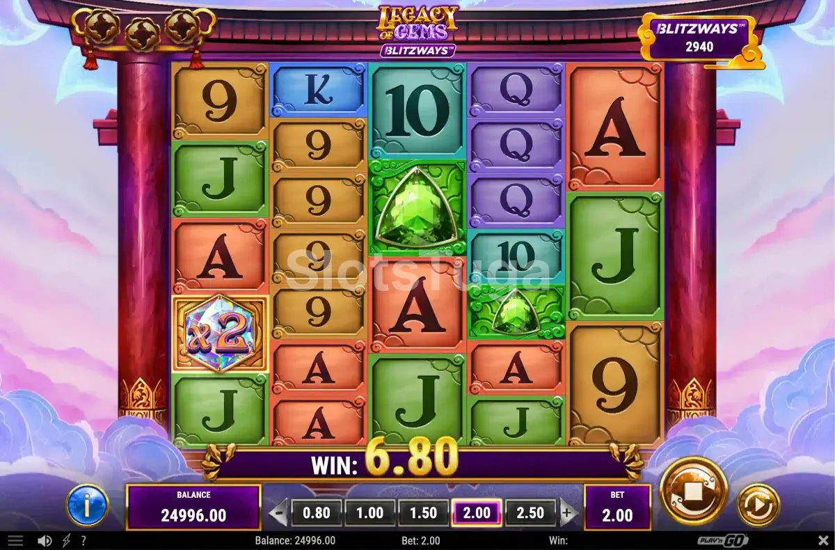 Segunda tela do jogo Legacy of Gems Blitzways exibindo uma rodada ativa com combinações de gemas