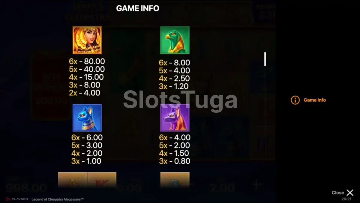 Tabela de pagamentos do Legend of Cleopatra Megaways