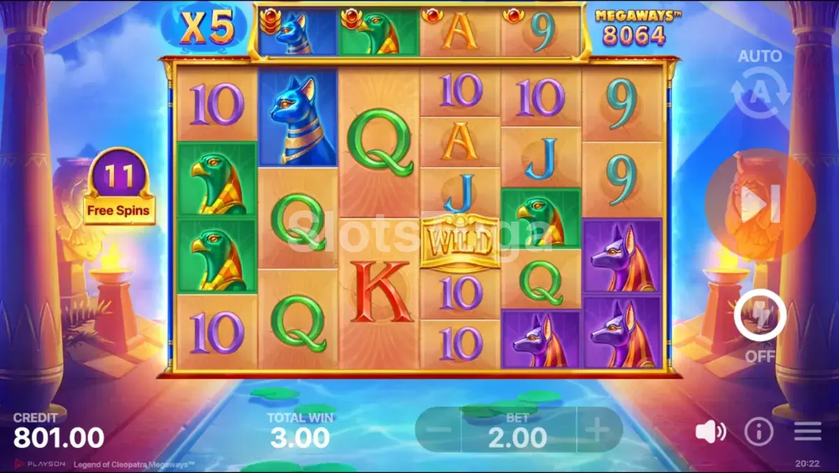 Tela de giros grátis do Legend of Cleopatra Megaways