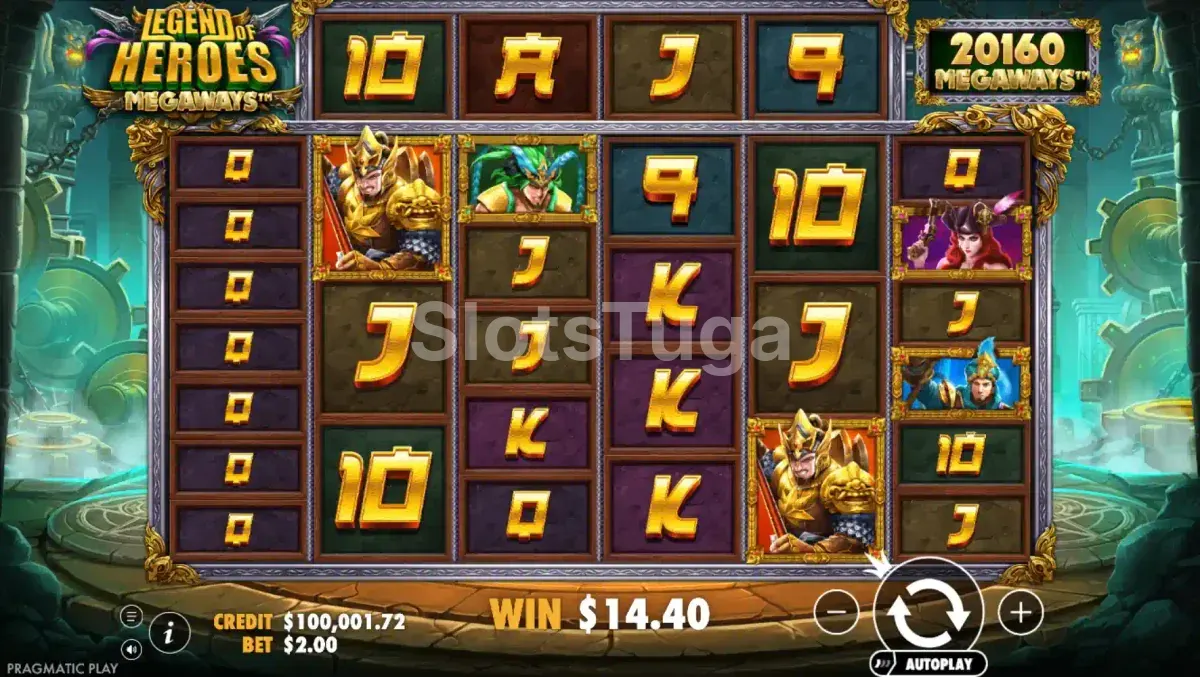 Tela principal do slot Legend of Heroes Megaways com heróis e engrenagens