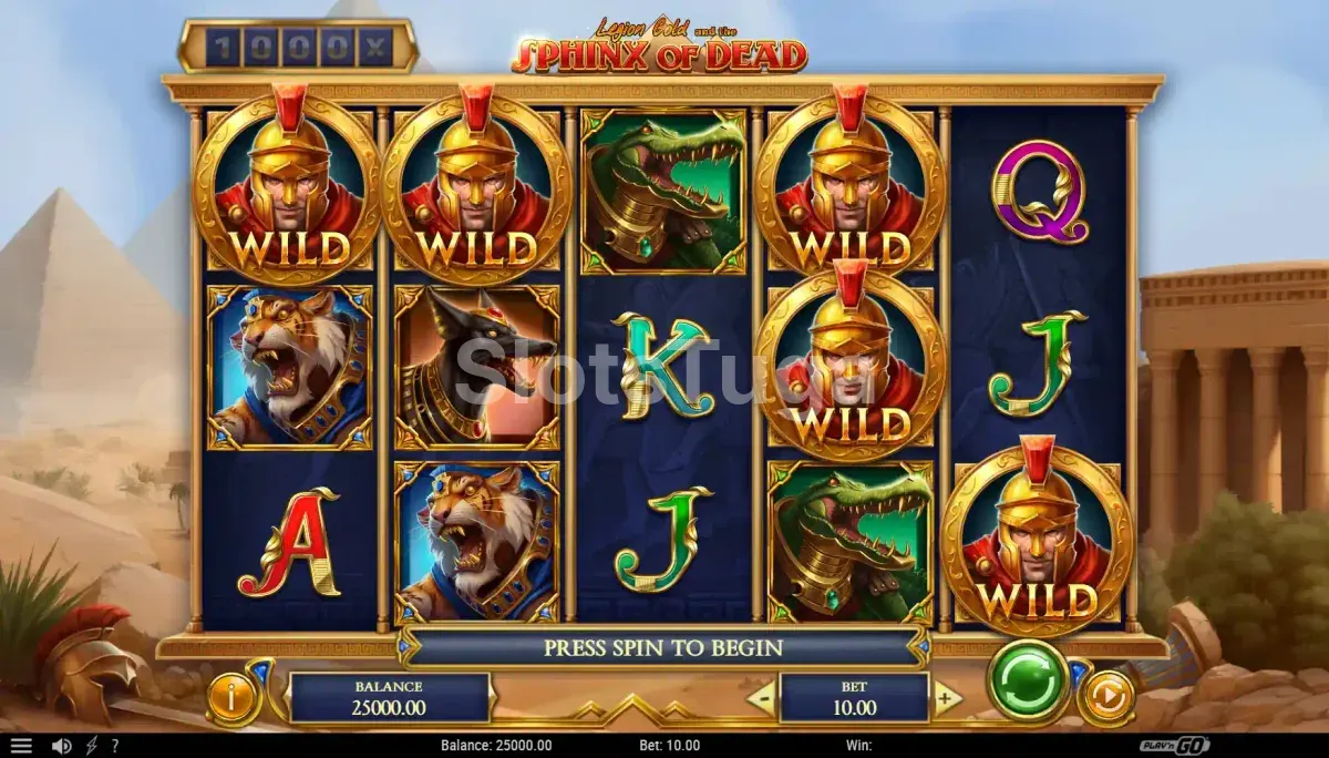 Tela principal do slot Legion Gold and the Sphinx of Dead com os rolos e o cenário egípcio